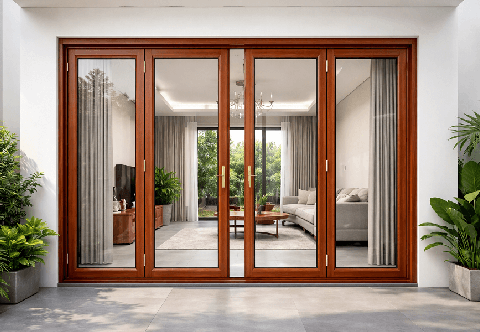 Mẫu cửa nhôm kính 4 cánh vân gỗ tuyệt đẹp, nâng tầm không gian